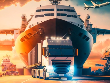 transportation and logistic import export and transport industry of truck container cargo ship, Generative ai