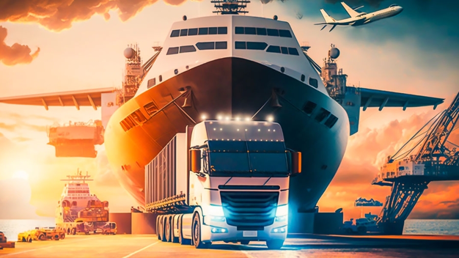 transportation and logistic import export and transport industry of truck container cargo ship, Generative ai